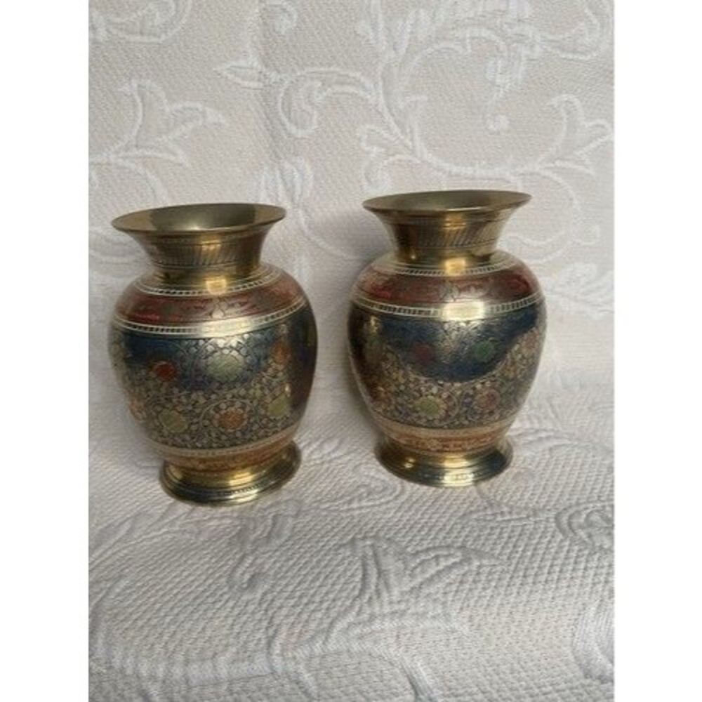 VTG Hand Engraving MultiFloral Set of 2 Mini Etched Brass Bud Vases 5” Tall Gold - Picture 11 of 14